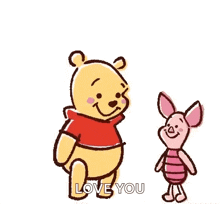 winnie the pooh is holding piglet in his arms surrounded by red hearts .