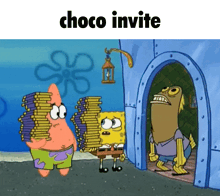 spongebob and patrick are standing next to each other with the words choco invite above them