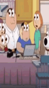 a group of cartoon characters are standing around a table with a laptop