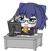 a cartoon girl is sitting at a desk in front of a computer eating a sandwich .
