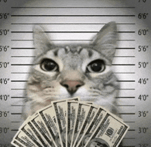 a cat holding a fan of money in front of a police lineup