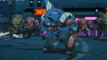 a group of robots are standing in front of a neon sign that says mini el