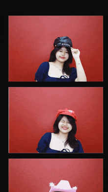 three pictures of a girl wearing a police hat