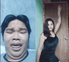 a man and a woman are standing next to each other and making funny faces .