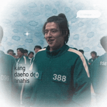 a man in a green jacket with the number 388 on his chest