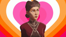 a woman is standing in front of a pink heart shaped background