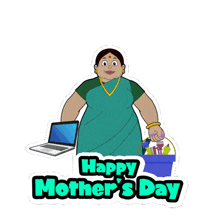 a happy mother 's day greeting card with a woman holding a watering can a laptop and a book