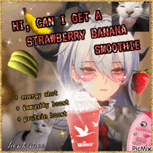 a strawberry banana smoothie with a girl with horns