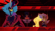 a group of cartoon characters are standing on a red striped surface