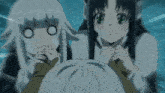 a couple of anime girls looking at a person