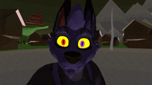 a cartoon drawing of a purple furry animal with bright yellow eyes
