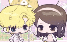 a boy and a girl are standing next to each other in a cartoon drawing .