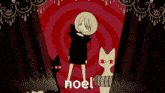 a cartoon of a girl surrounded by cats with the word noel in white