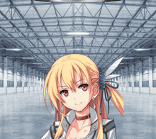 a girl with blonde hair and red eyes stands in a warehouse