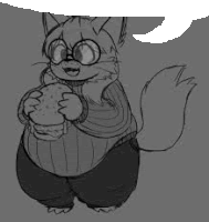 a drawing of a cat wearing glasses and a sweater holding a cookie .