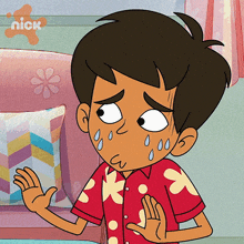 a cartoon of a boy with tears coming out of his eyes with the nick logo in the background