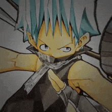 a drawing of a person with blue hair and a black shirt