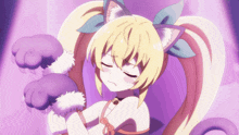 a girl with a cat ear and tail is holding a purple paw