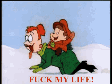 a cartoon of a man riding another man in the snow with the words " fuck my life " underneath