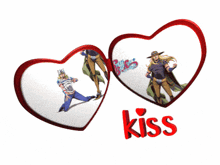 a couple of hearts with the word kiss in red