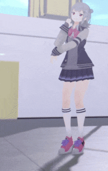 a girl in a purple skirt and white socks is standing on a tile floor