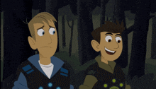 two cartoon characters are standing next to each other in the woods