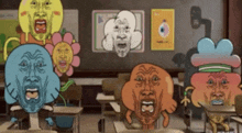a group of cartoon characters sitting in a classroom with their faces drawn on them