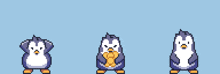 a pixel art of three penguins with coins floating in the air