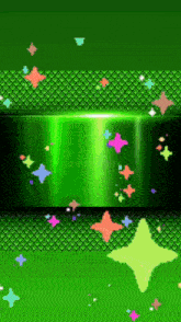 a green background with colorful stars and a light coming out of it