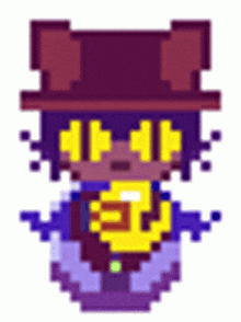a pixel art drawing of a person wearing a hat and a yellow shirt .
