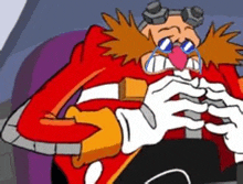 dr. eggman from sonic the hedgehog is crying while eating a hamburger .