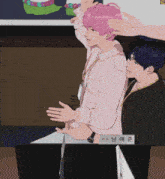 a cartoon drawing of a man with pink hair