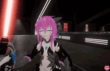 a girl with pink hair is holding a light saber
