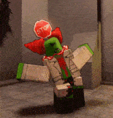 a clown with a stop sign on his head is standing on the floor .