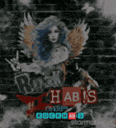 a woman with blue hair and wings is on a poster that says rockhabis
