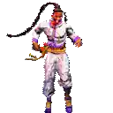 a pixel art of a man with a beard and a sword on his head standing on a white background .