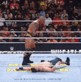 a wrestling match is being played in front of a crowd with a sign that says cricket 50