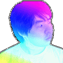 a pixel art drawing of a person 's head with a rainbow of colors