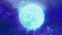 a blue full moon is surrounded by stars in a galaxy