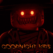 a poster for goodnight kids shows a lego figure with red eyes