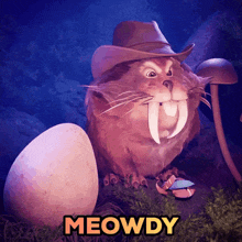 a cartoon cat wearing a cowboy hat with the word meowdy underneath it