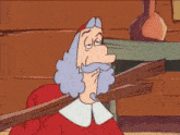 a cartoon of a man with a beard holding a wooden plank
