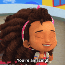 a cartoon girl says you 're amazing in a pink headband