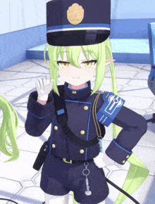 a girl with green hair is wearing a police uniform with a key on her armband