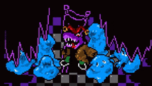 a pixel art of a purple monster surrounded by blue monsters