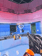 a person is holding a gun in a video game and the number 5 is on the screen