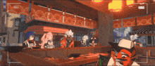 a group of anime characters are gathered around a table with a recorder in the background