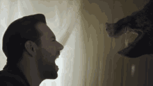 a man with a beard is screaming at a large animal