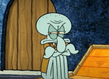 squidward from spongebob squarepants is standing with his arms crossed in front of a wooden door