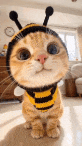 a cat is wearing a bee costume and looking at the camera